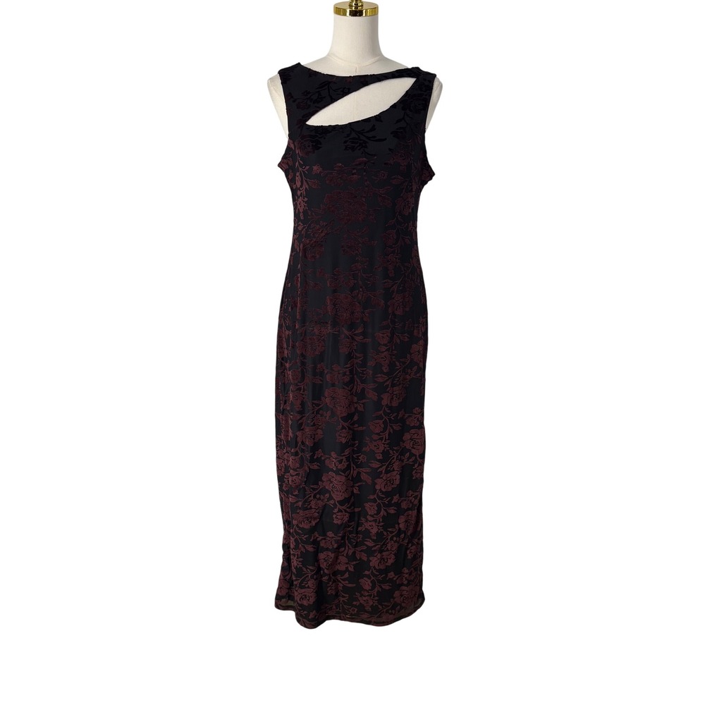 Whimsigoth Velvet Floral Burnout Maxi Dress Cutout Burgundy Black XL Vamp